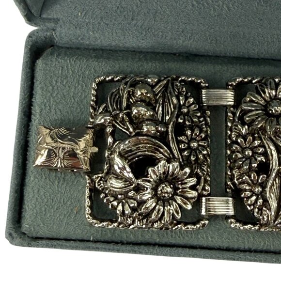 Vintage Sarah Coventry Floral SilverTone Panel Bracelet Antique Garden Sunflower - Picture 5 of 12